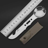 Nouvel ensemble de couverts de camping 7 en 1, couteau, sifflet, scie, ouvre-bouteille, lame, corde, cuillère, multi-outils de survie en plein air