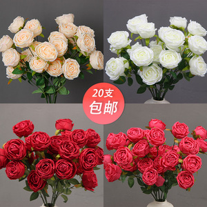 Bouquet de roses artificielles 20 pièces en plastique PU et soie, fleurs rouges, blanches et crème, arrangement floral de mariage, branche unique faite à la main - Product Image 1