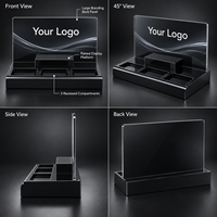 Support de présentation de comptoir en acrylique noir personnalisé avec panneau arrière pour logo, plateau de présentation de produits de vente au détail à 3 fentes, OEM ODM