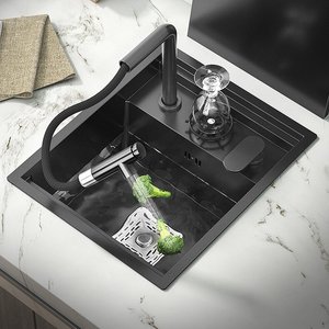 อ่างล้างจานแบบฝังใต้เคาน์เตอร์สีดำด้าน พร้อมที่ล้างแก้วและฝาปิด ทำจากสแตนเลส 304 อ่างเดี่ยวขนาดเล็กสำหรับห้องครัว - Product Image 3