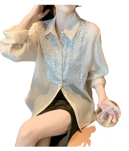 New Fashion Chic Spring Chiffon Loose Blouses 2023 Elegant Women Turn Down Collar Sequined Ladies Office Casual Shirt Top