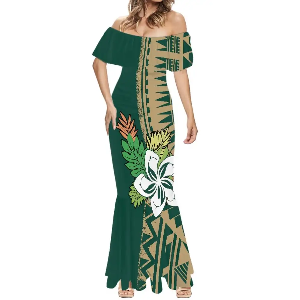 Women Dress Clothing Green Hawaii Samoa Floral Print Off Shoulder Bodycon Dresses Hot Selling Vintage Dresses Women Elegant
