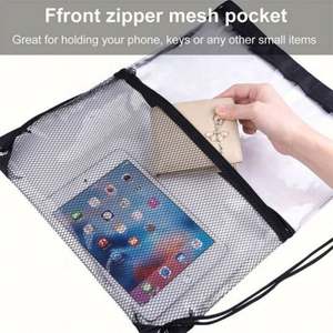 Sac à dos de sport en PVC transparent avec cordon de serrage, logo personnalisé imprimé, poche en maille imperméable et fermeture éclair – Vente en gros à prix réduit - Product Image 4