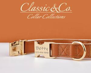 ชุดปลอกคอและสายจูงสุนัขหนัง PU กันน้ำ ดีไซน์เรียบง่าย หัวเข็มขัดสลักชื่อ ป้ายชื่อสั่งทำได้ฟรี อุปกรณ์เสริมสำหรับงานแต่งงานและลูกสุนัข - Product Image 6