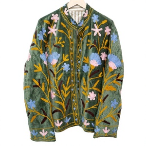Cardigan en velours vert brodé de fleurs, ouvert sur le devant, réversible, col mandarin, style bohème, manteau trois quarts, écologique - Product Image 1