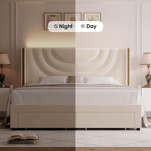Zachte Stijlvolle Metalen Vleugel Achterkamer Meubelcrème Getuft Tweepersoonsbed Platform Full Queen Kingsize Bedframe Met Sterke Ondersteuning