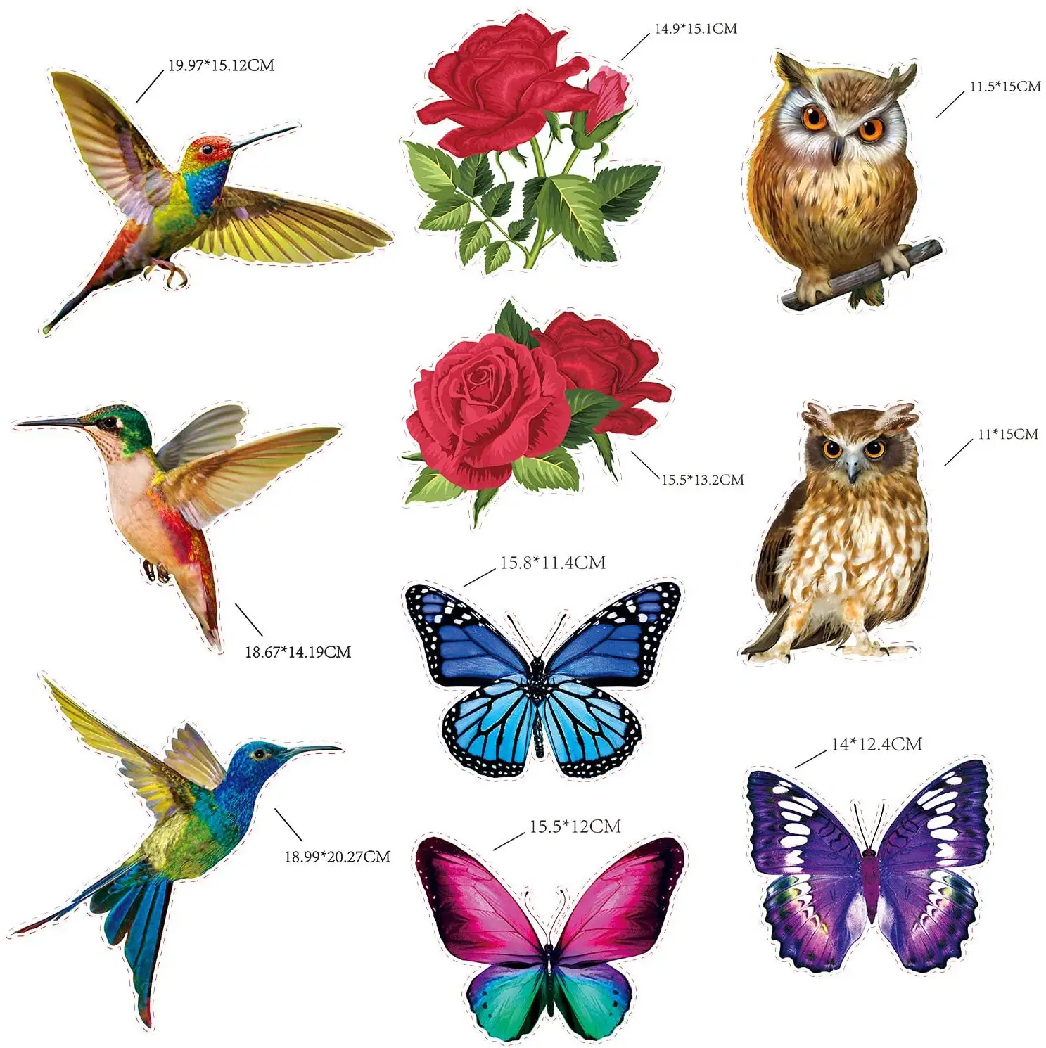 Calcomanías de ventana de colisión con alerta de pájaros, colibrí, rosa, mariposa, búho, decoración, disuasorio estático