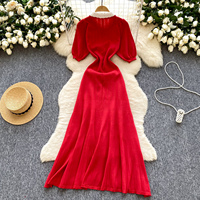 Robes midi élégantes en tricot pour femmes, col en dentelle contrastée, manches courtes bouffantes, simple boutonnage, plissées, robe féminine
