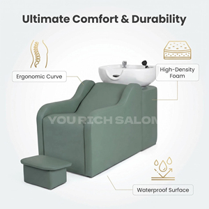 Chaise de lavage de cheveux verte pour salon de coiffure avec repose-pieds, lavabo en céramique et chaises de lavage pour salon de coiffure et barbier - Product Image 3