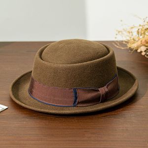 Tùy Chỉnh Màu Đen Mens Cảm Thấy Úc Bowler Len Cổ Điển Porkpie Breaking Boater Flat Top Lady Retro Fedora Thịt Lợn Pie Hat Với Bow - Product Image 4