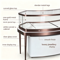 Vitrine de présentation de bijoux incurvée, cadre en métal or rose, verre trempé, comptoir blanc, armoire incurvée avec éclairage LED, pieds en métal fins