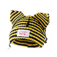 Bonnet tricoté vintage rayé avec oreilles de chat style petit diable, chaud pour l'automne/hiver, tendance et polyvalent