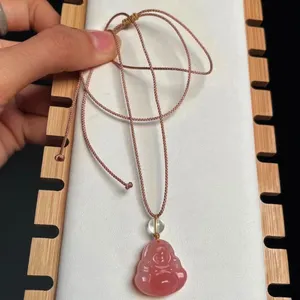 17mm Pink alami merah muda Yanyuan batu akik kristal Maitreya Buddha ukiran kalung liontin untuk hadiah