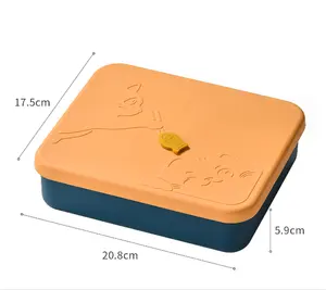 1000ml silikon dapat dilipat, 3 kompartemen kotak makan siang Bento dengan Set peralatan makan logam