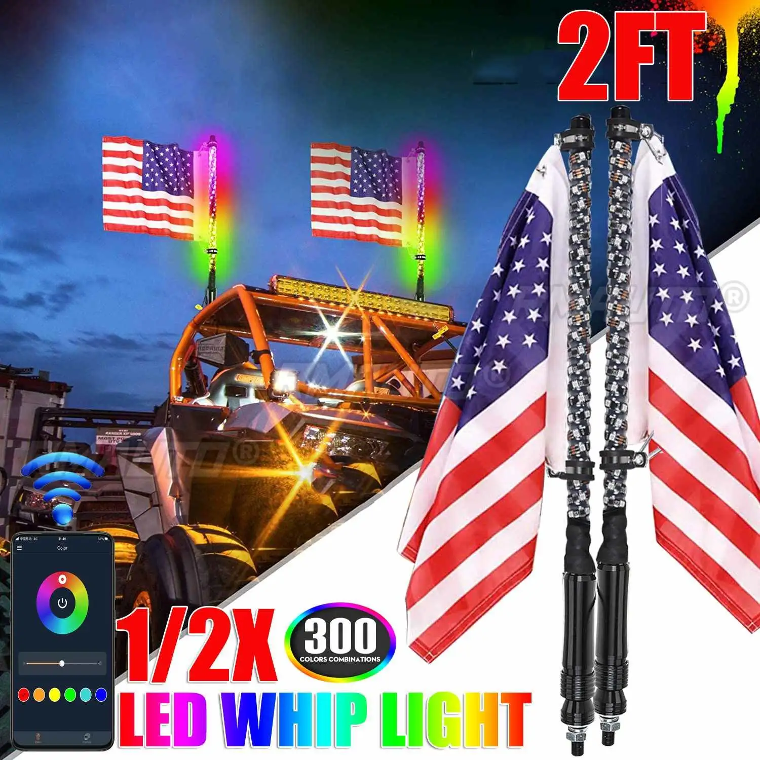2FT LED Whip Light RGB Waterproof Bendable Remote Control Multi-color Super Bright Flagpole Lamp Light Antenna for SUV ATV UTV