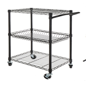 Chariot utilitaire en métal noir à 3 niveaux, chariot de rangement à roulettes avec poignée pour cuisine, restaurant, bureau, finition chromée - Product Image 2