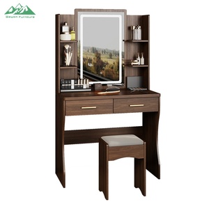 Tocador Moderno de <span class=keywords><strong>Madera</strong></span> Blanca Wayon con Espejo Iluminado por LED, Estantes Abiertos y Múltiples Cajones, Incluye <span class=keywords><strong>Taburete</strong></span> - Product Image 5