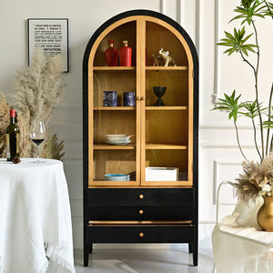 Aparador Moderno para Sala de Estar y Cocina, Diseño Arqueado, Panel de Madera Negra, Gabinete de Almacenamiento con Puerta de Vidrio, Estilo Rústico para Apartamento u Hotel - Product Image 4