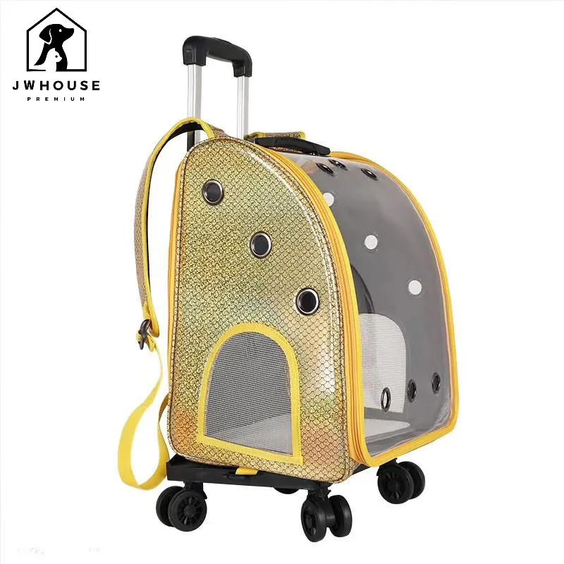 Mochila con ruedas para perros y mascotas, bolsa de transporte al aire libre portátil para perros y gatos, Maleta de viaje para mascotas, funda transparente de viaje