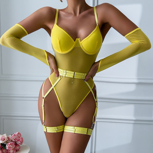 Ropa interior amarilla transparente de una pieza para mujer, mono erótico de malla con Gater, lencería Sexy transparente con guantes largos sin dedos - Product Image 2