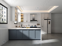 Lemari Dapur PRIMA Modern Elegan Bergaya Mewah dengan Finishing UV Mengkilap, Gagang Logam Emas, dan Lampu LED Terintegrasi