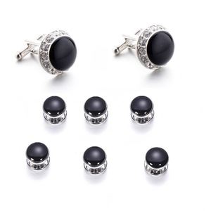 Set di <span class=keywords><strong>Gemelli</strong></span> Personalizzati per <span class=keywords><strong>Camicia</strong></span> Smoking Francese, Placcati in Ottone, Rotondi con Smalto Nero, per Uomo d'Affari - Product Image 2
