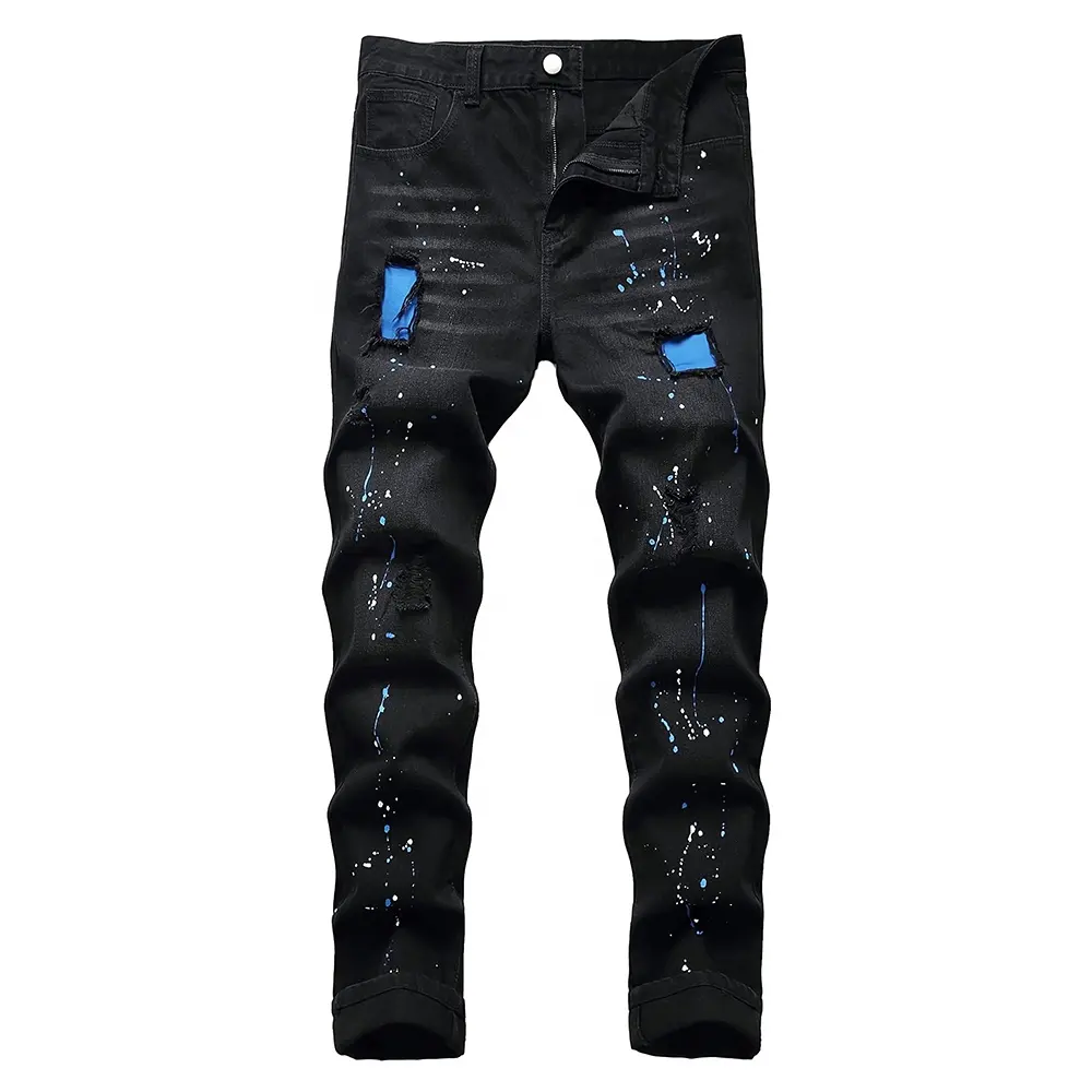 OEM üretici mens özel yırtık sıkıntılı denim yığılmış kot pantolon slim fit boya kot erkekler
