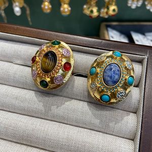 Anelli Maiou Statement Vintage Trendy in Ottone Placcato Oro 18K <span class=keywords><strong>con</strong></span> Pietre Naturali Occhio di Tigre e <span class=keywords><strong>Lapislazzuli</strong></span> per Donne - Product Image 6