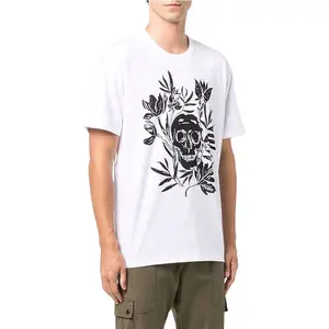 Camiseta de manga corta con estampado de calavera personalizada para hombre, camisa de cuello redondo de alta calidad, color blanco, tallas grandes, OEM