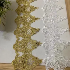 Metalik altın pullu boncuklu Polyester sınır dantel nakış fitilli dantel Trim