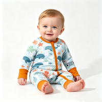 Neuer Baby Jungen Weltraum-Astronauten-Druck YKK Zwei-Wege-Reißverschluss Atmungsaktiver Bambusfaser Langarm-Strampler Schlafanzug Anpassbare Farbe