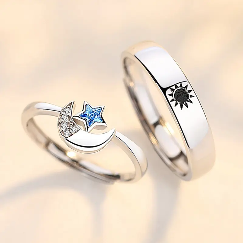 925 versilbert Romantische Sonne Mond Stern Blau Diamant Ring Männer Frauen Koppler offen verstellbar Hochzeit Fingerring