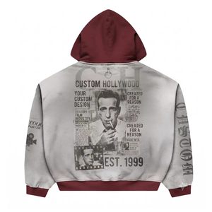 <span class=keywords><strong>Felpa</strong></span> <span class=keywords><strong>con</strong></span> <span class=keywords><strong>Cappuccio</strong></span> Vintage Bicolore, Stampa Grafica Personalizzata, Grigio Bordeaux, Stile Streetwear - Product Image 2