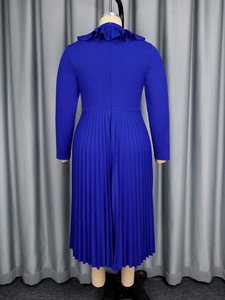 AM050850 elegante autunno con collo alto a manica lunga a trapezio plissettato blu Midi Plus Size formale <span class=keywords><strong>da</strong></span> <span class=keywords><strong>donna</strong></span> abito Casual <span class=keywords><strong>da</strong></span> chiesa - Product Image 6