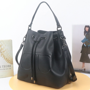 Custom Women Drawstring Bucket Bags for Women PU Leather Shoulder <b>Handbag</b> Casual Tote Bags Vintage Leather. - Product Image 2