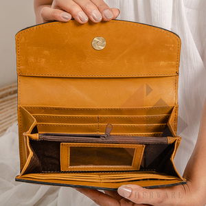 High Quality Women's Genuine Leather Purse Wallet Fashionable <b>Long</b> Design Clutch <b>Bag</b> with Open Closure and Decorative Feathers - Product Image 4