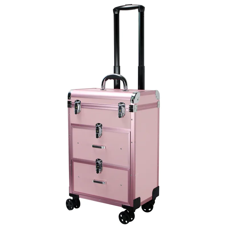 Haute Qualité Multifonction Trolley Cas Voyage En Aluminium Beauté Cosmétique et Cas Maquillage Sac Maquillage Valise avec Roues De Mode