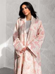 LEDUO Customized Elegant Linen Blend Floral Embroidered Abaya Kimono Open Style <b>Long</b> Sleeve Modest Outerwear - Product Image 3