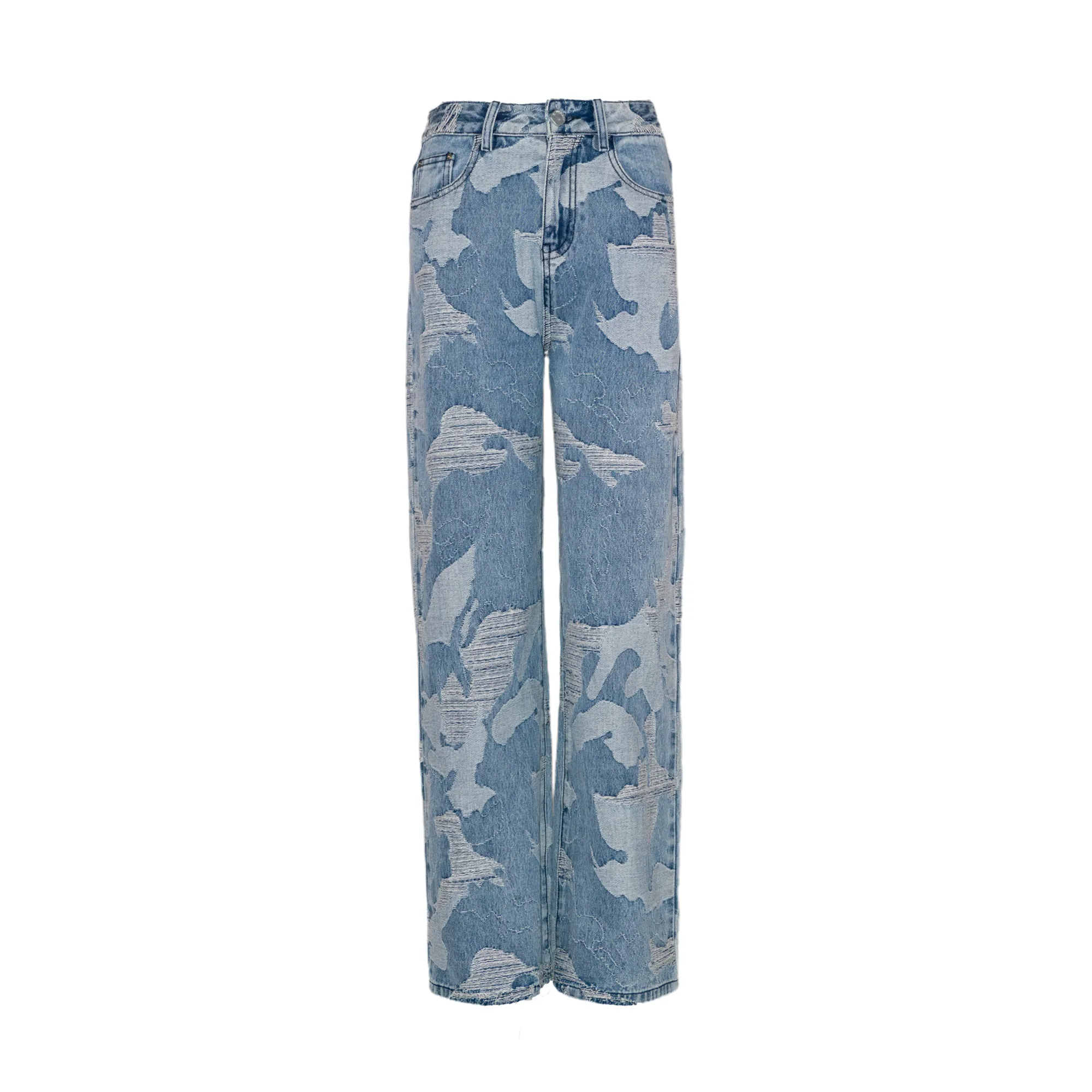 High Quality Custom Women Camouflage Jacquard Denim Pants Blue Color Trousers Loose Straight Fit Look Slim Women Denim Jeans