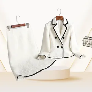 Factory custom wholesale White woollen women elegant ladies office suits with skirts tweed blazer set
