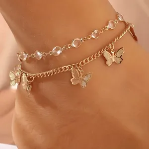 Bracelet de cheville européen et américain à double couche avec pendentif papillon en strass pour femme Mode simple