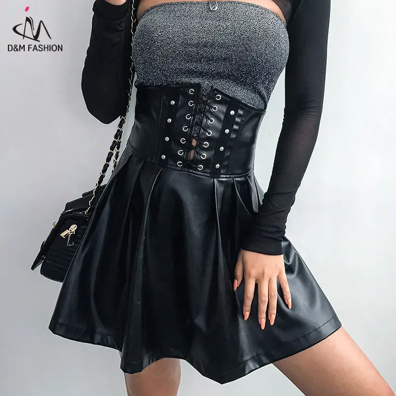 Zld & M — Mini jupe en cuir PU pour femme, harnais, taille haute, à bretelles, Cage, gothique, Punk, fête, Rave, Sexy