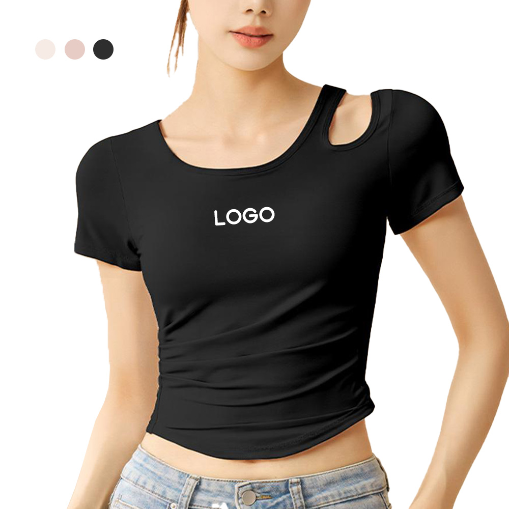 Custom Short Sleeve Cropped Yoga Gym Tops Lightweight Quick Drying Breathable Fitness Women's T Shirt with Built-in Padded Bras