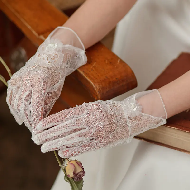 HY 2312 WG084 gants de mariée courts élégant blanc dentelle mince robe de mariée banquet performance bijoux