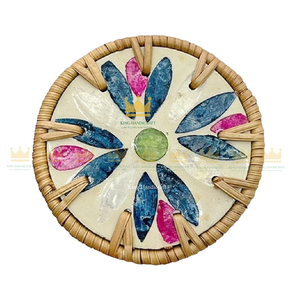 Ensemble de sous-verres ronds faits à la main en rotin avec incrustation de nacre, sous-verres décoratifs pour tasses à café, vente en gros - Product Image 3