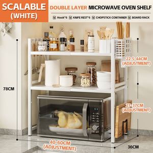 Customize 2-Layer Carbon Steel Retractable Microwave <b>Shelf</b> <b>Kitchen</b> Accessories Storage Rack with Knife Holder Chopsticks Holder - Product Image 5