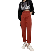 Pantalon en jean taille haute personnalisé pour femme, coupe décontractée, couleur rouge brique, style jogger fuselé, jean coloré pour femme