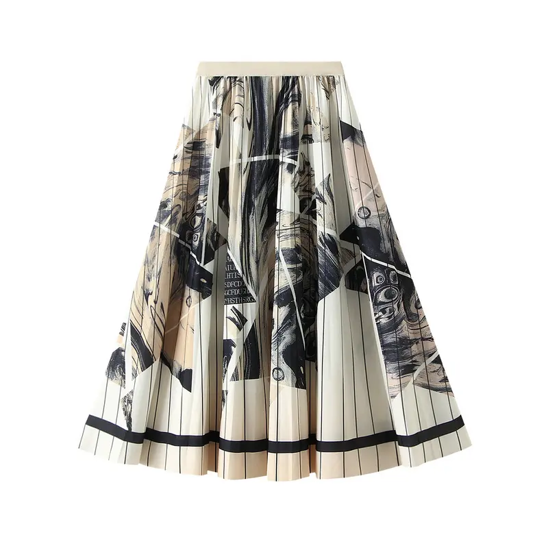 High-end ink print pleated skirt for women 2024 spring and summer new high waist A- line European station midi skirt