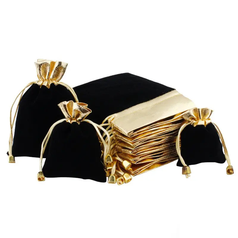 Altın Trim kadife kumaş takı torbalar İpli çanta noel partisi düğün Favor hediye keseleri