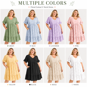 Robe décontractée grande taille été 2026 pour femme, col en V, manches courtes, broderie ajourée, volants, longueur midi avec poches - Product Image 2